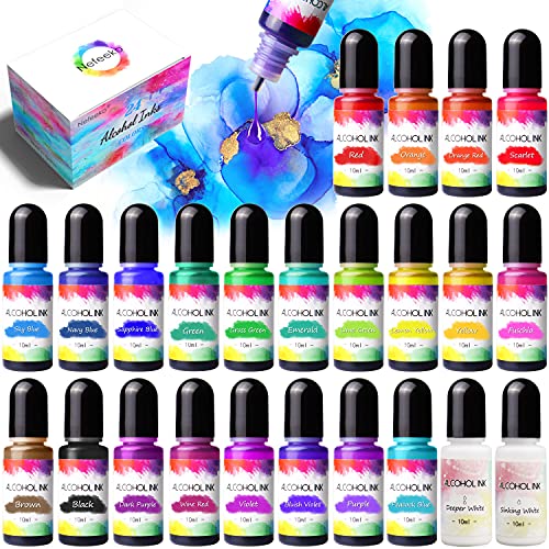 Alcohol Ink Set - 24 Vibrant Colors Alcohol Inks - Alcohol Ink for Epoxy Resin, Concentrated Alcohol Based Inks for Fluid Art Painting, Petri Dish, Ceramic Glass, Tumbler Cup Making,Metal(0.35oz Each)