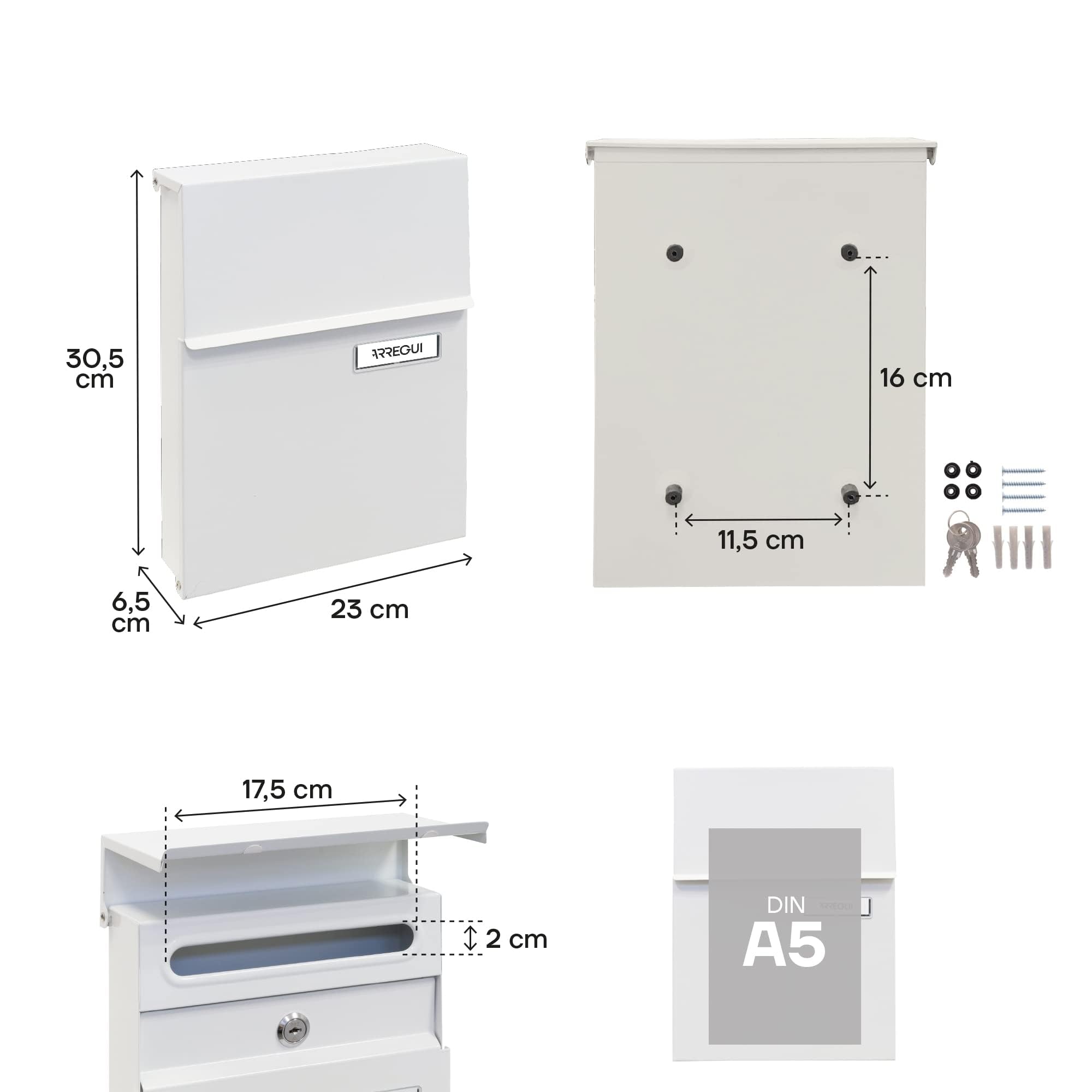 ARREGUI Line E6801 Cassetta Postale Individuale in Acciaio, Cassetta della Posta da Parete, Con Serratura Coperta, Dimensione S (DIN A5), Facile da Montare, Bianco