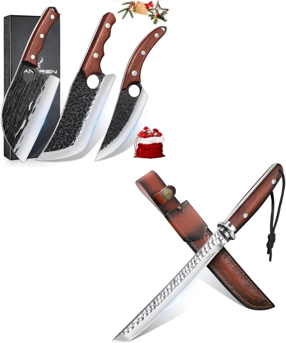 TAN REN 3PCS Butcher Knife Set for Meat Cutting and 8.3 Inch Fixed Blade Survival Knife, Hand Forged Serbian Chef Knife