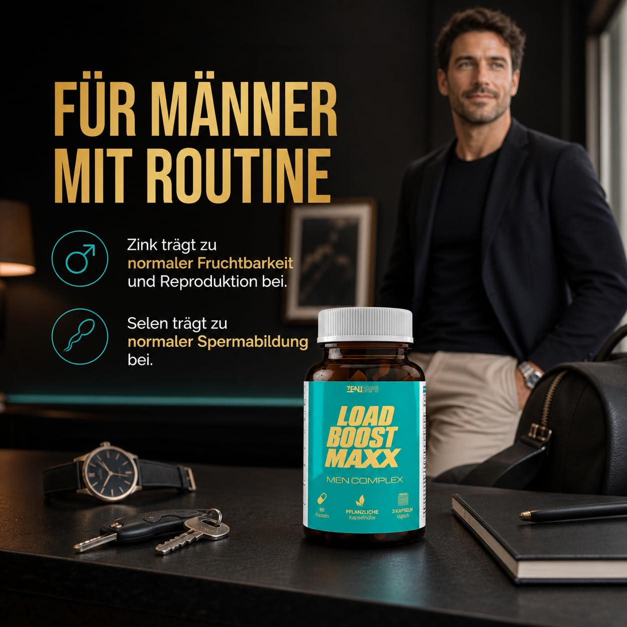 Load Boost Maxx Men Complex Kapseln – mit L-Arginin, Maca, Tribulus, Ashwagandha, Ginseng, Zink, Selen, Magnesium, B6 & B12 – 90 vegane Kapseln, 3 täglich