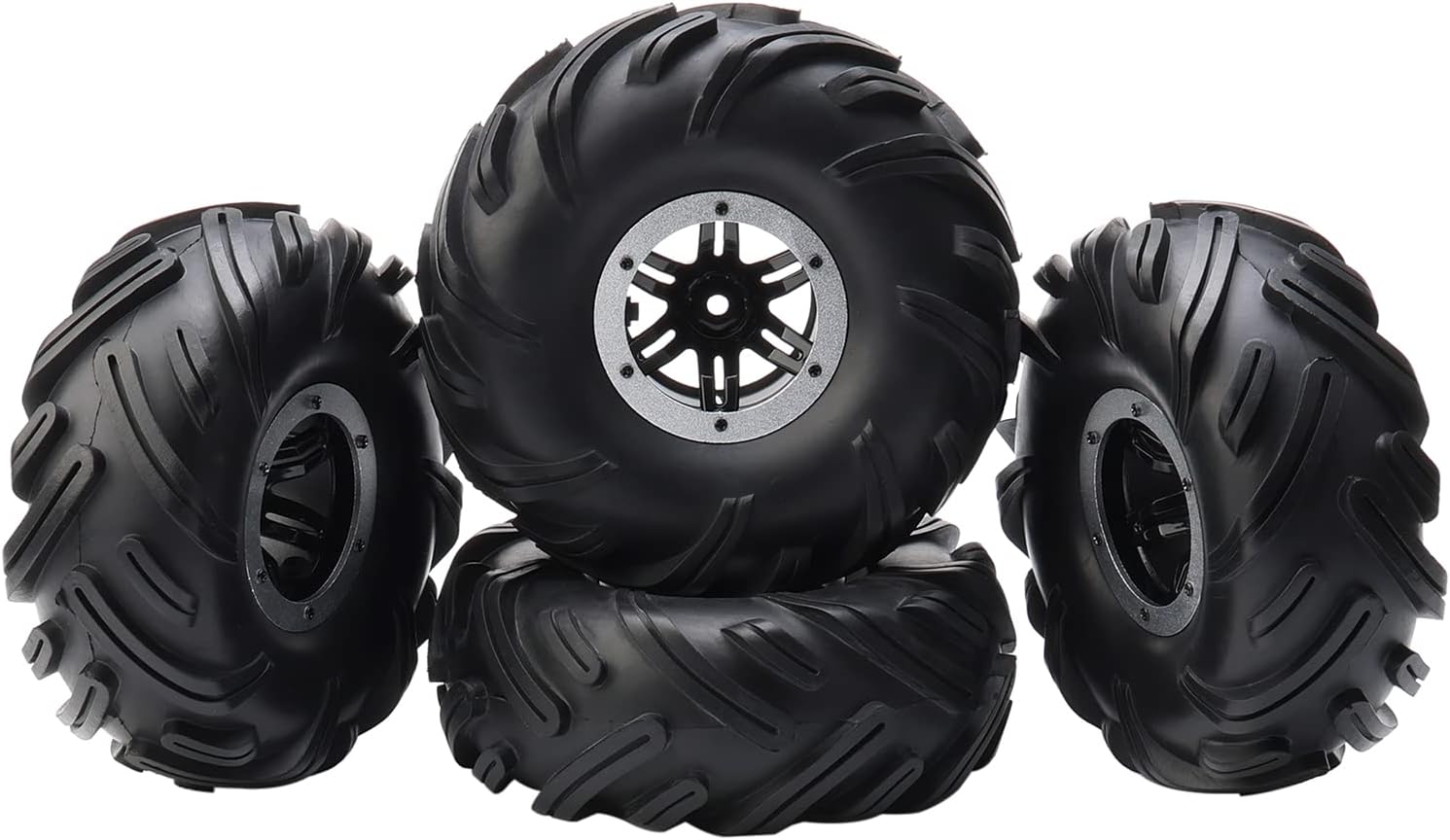 4-Pack RC 2.2" Tires Inflatable OD 140mm Mud Badland Tractor Tread Tyres and 12mm Wheel Rims Lock Nuts for 1/10 Rock Crawler Monster Truck Traxxas Maxx Axial RC4WD, Silver