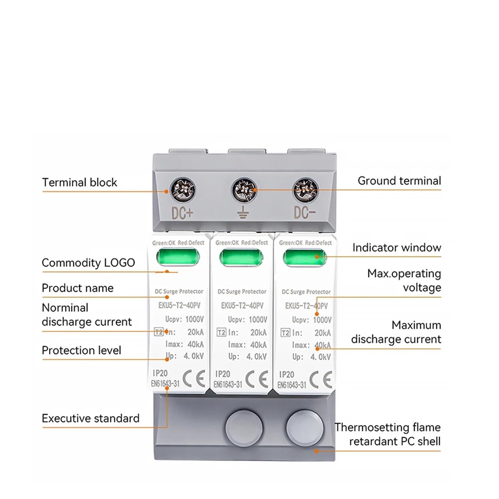 Protector contra sobretensiones y pararrayos Dispositivo de protección contra sobretensiones doméstico DC SPD 2P 3P 600 V 1000 V 1500 V Tipo PV 20-40KA Protector de baja tensión EKU5((T2) 3P 1000V DC)