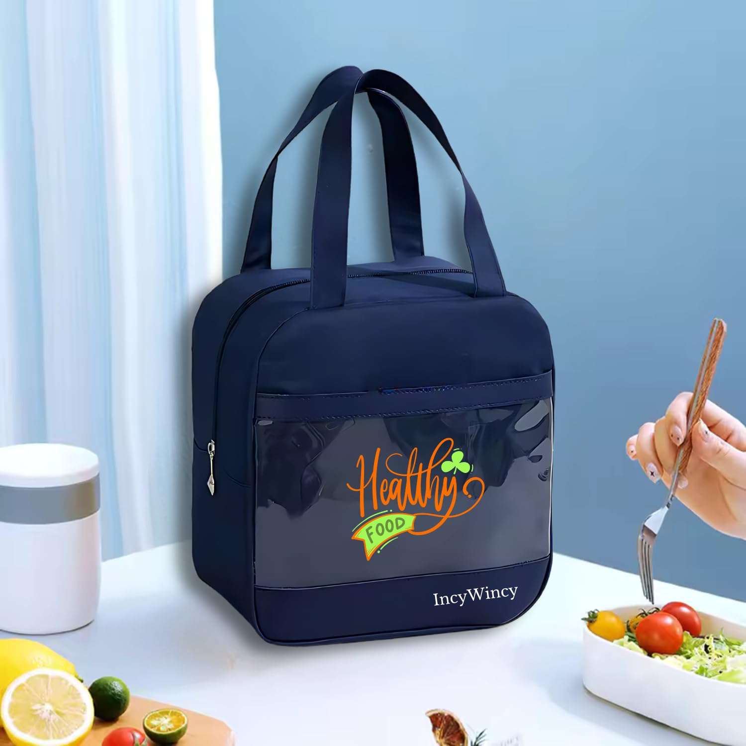 IncyWincy Insulated Lunch Bag (Pack of 1), Leakproof Tote Bags for Office and Picnic, Insulated Meal Carrier for Men & Woman, Durable Unisex Tiffin Bag for Boys and Girls (Healthy Food) 2