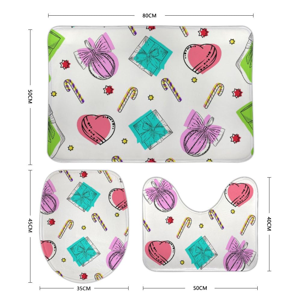 QAZPL Nuansexi Bathroom Rug Sets New Year's Pattern Bath Toilet Rugs Set 3 Piece Anti Slip U-Shape Contour Toilet Mat Coral Velvet Absorbent Machine Washable Bathroom Toilet Decor