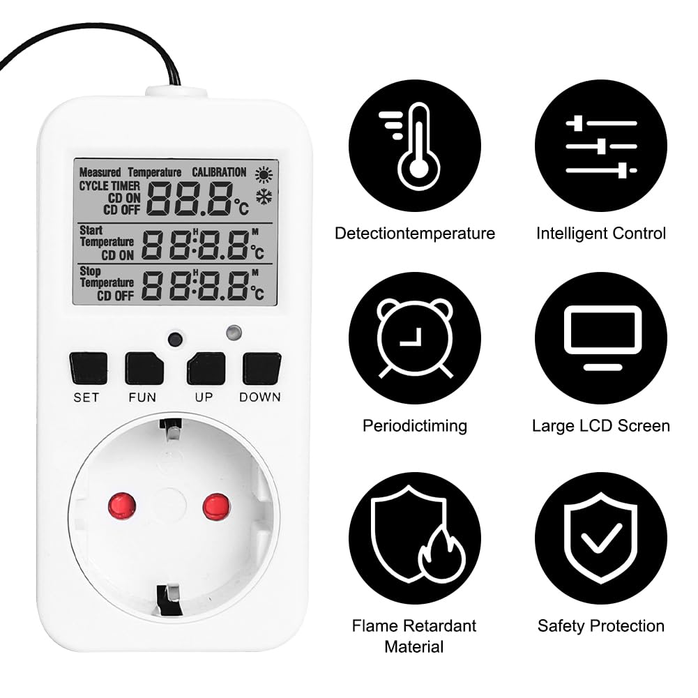 CEWROM Thermostat Steckdose, 16A 230V Heizungsthermostat Digital Temperaturregler mit Fühler, Thermostat Heizung für Gewächshaus Terrarium Heizung Kühlung Temperaturgesteuerte Stecker