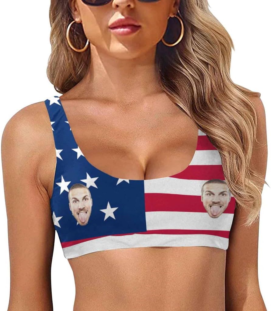Custom Face American Flag Chest Strap High Waisted Bikini, Women's Two Piece Swimsuit Personalized Bathing Suit Summer Beach Pool Outfits