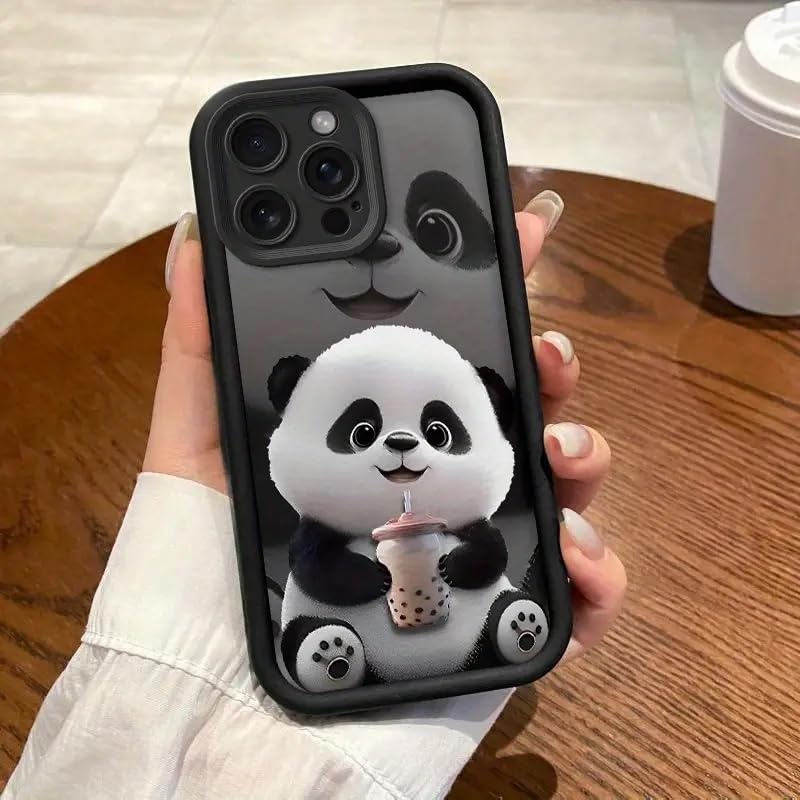 Image of COVERLY Panda Pattern Back Case Cover for iPhone 12 Pro | Hot Teddy Boba Tea Cute Design | Camera Lens Protection | Soft TPU Silicone Drinking Coffee Print Cover for Girls & Women (Black, Shockproof)