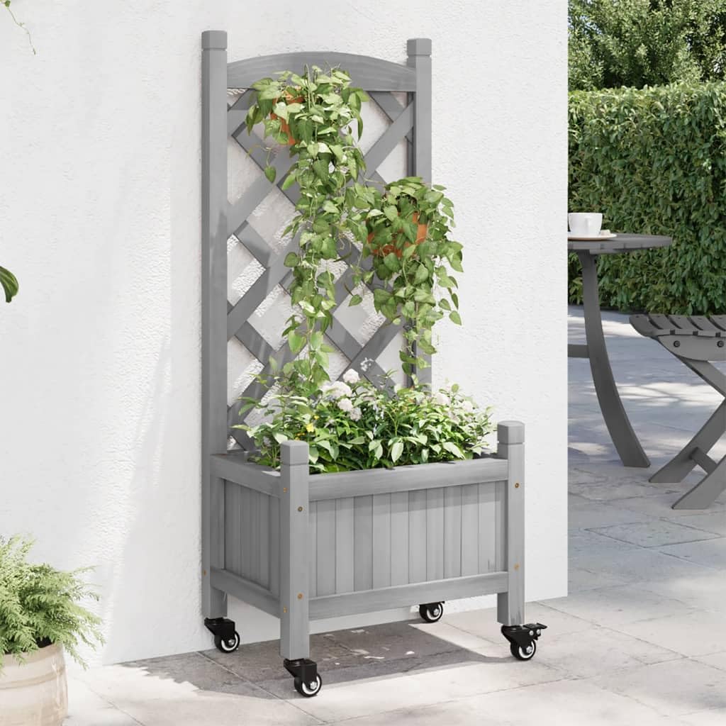 Jardinera de jardín con celosía, macetero rectangular, macetero alto con espaldera, jardinera de jardín gris, 40 x 30 x 97,5 cm, madera maciza de abeto, hierro