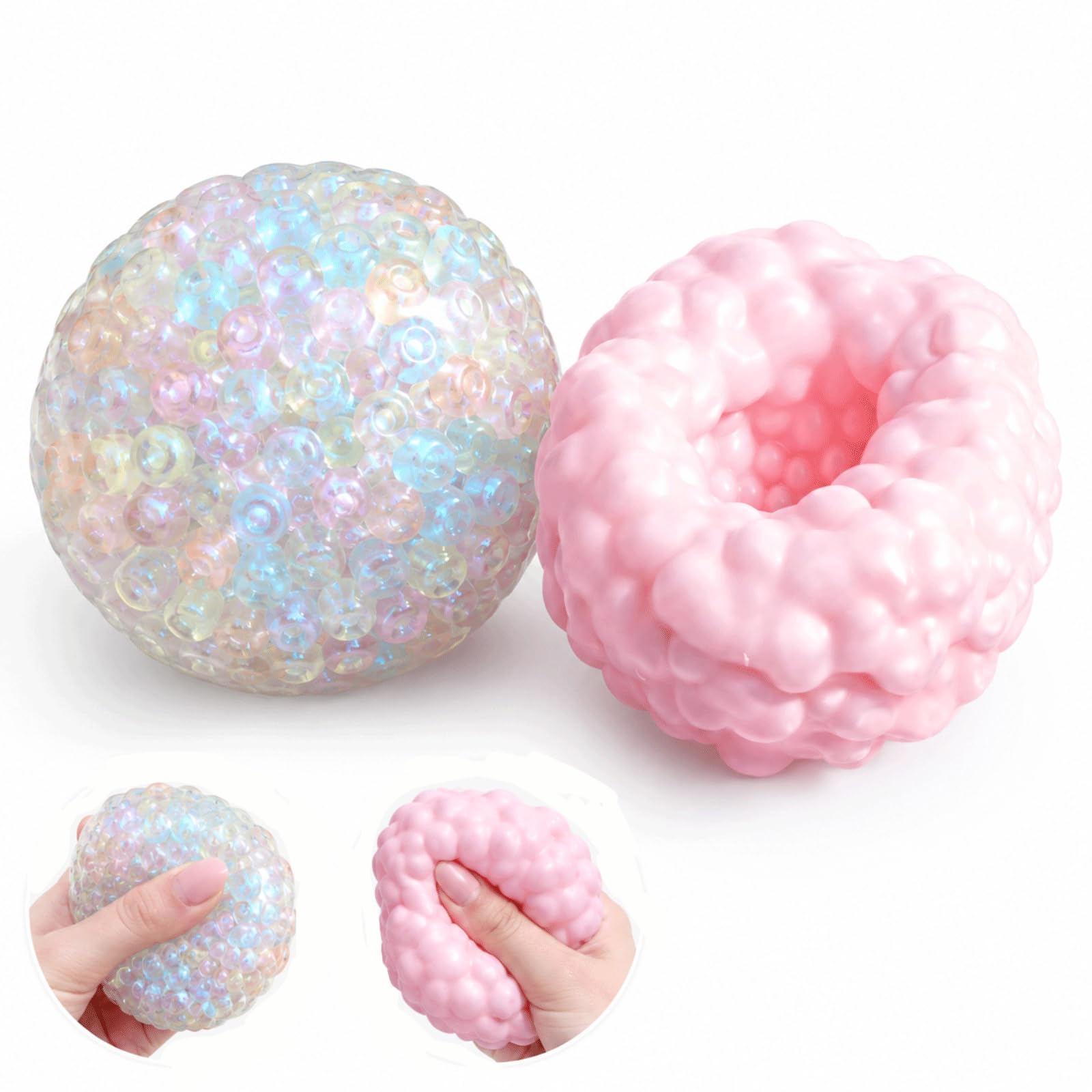 2 PCS Crunchy Squishy Stress Ball,Stress Balls, Sensory Fidget Tools for Office Desk Stress Relief, Hand Exercise, Focus Aid for Students, Squishy Balls Set with Rainbow and Pink Colour Options