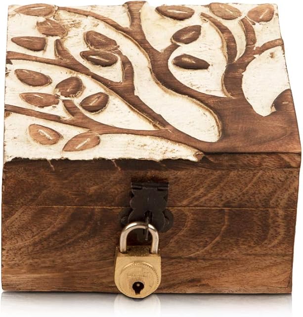 Great Birthday Gift Handmade Decorative Wooden Jewellery Box With Tree Of Life Carving & Lock & Key Jewellery Organizer Keepsake Box Treasure Chest Trinket Holder Watch Box Storage Lock Box (White)