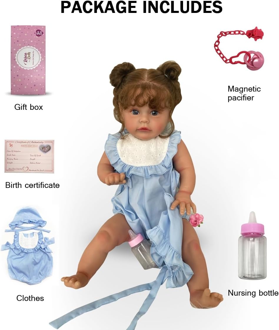 Reborn Dolls Girl 24 inch/60 cm That Looks Real Life Soft Weighted Silicone Vinyl Open Eyes Baby Looking Lifelike Long Hair Toddler Girls Toy for Children Gifts Blue Clothes Reborn Doll Girl
