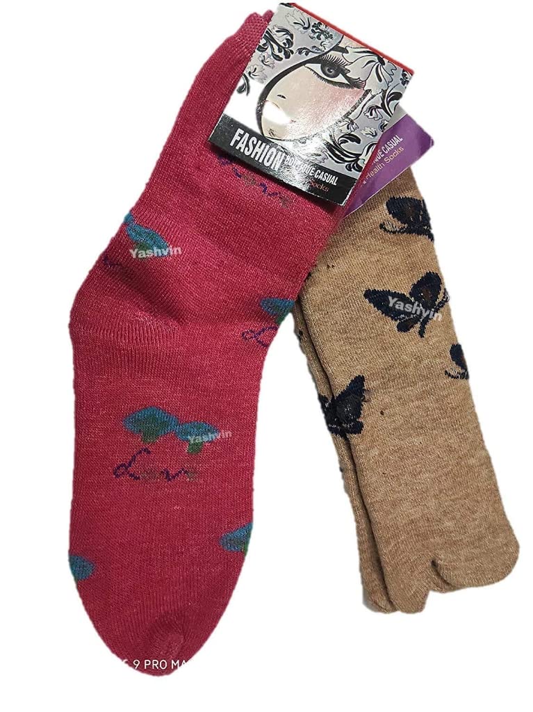 Yashvin Woolen Towel Thick Terry Calf Length Floral Print Women Thumb Socks for Women Winter Wear_HD256