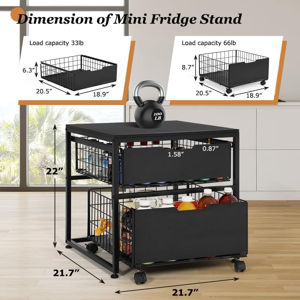 Mini Fridge Stand with Storage Drawer, 21.7”x21.7” Heavy Duty Mini Fridge Table with Wheels, Rolling Beverage Cart with Basket for Home, Office, Bedroom