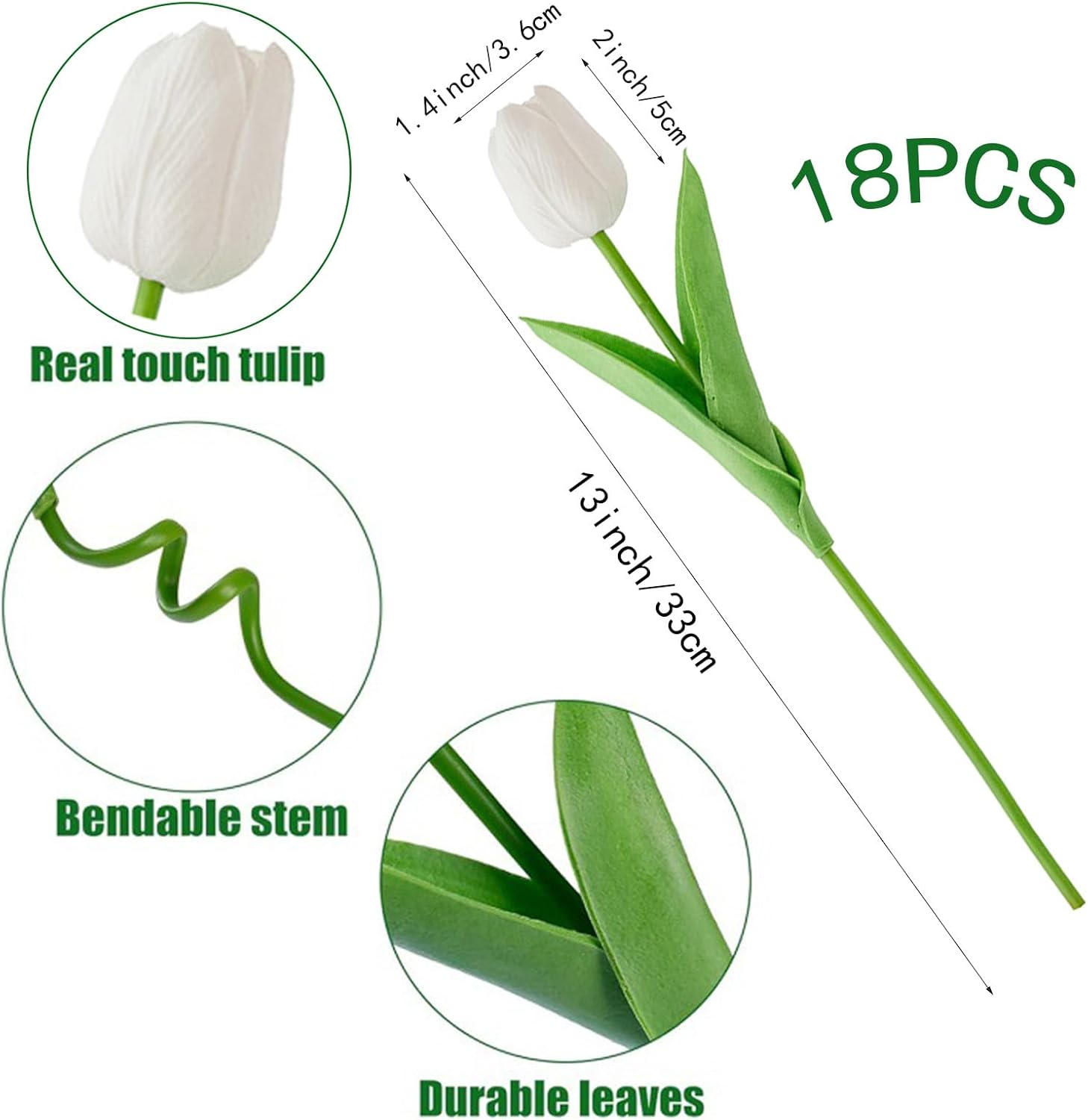 18pcs Artificial Tulips 13" PU Artificial Flowers for Family Friends Gifts DIY Flower Arrangement Home Kitchen Office Party Wedding Dining Table Decoration, White - Image 3