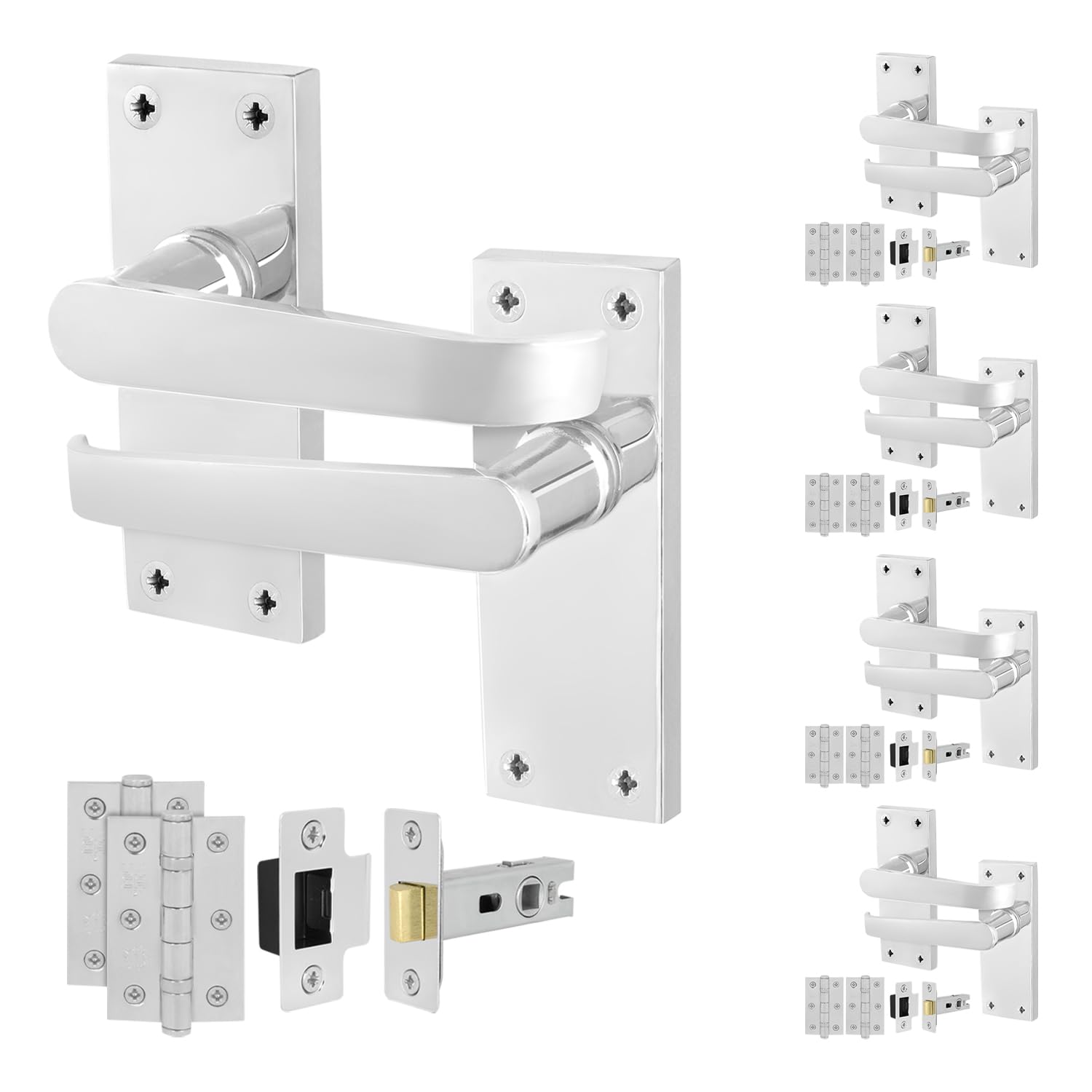 EAI Polished Chrome Door Handles with Latch 64mm and Hinges, 5 Pack