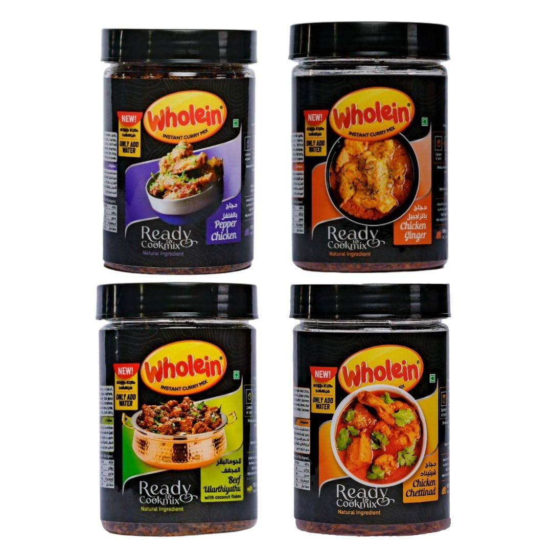 Wholein Pepper Chicken, Ginger Chicken, Chettinad Chicken Curry & Beef Ularthiyathu Instant Ready-to-Cook Mix Combo - 120g Each (Pack of 4) | Just Add Water, 100% Natural Ingredients | No Artificial Colour