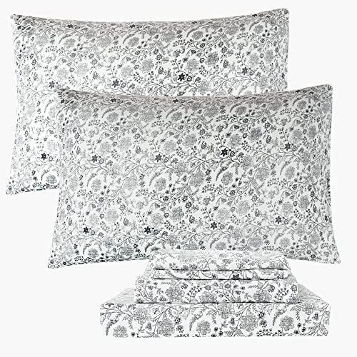 Hig 4 Pcs Pre-Washed Microfiber Botanical Floral Print Sheet Set With 14" Deep Pocket, Pastoral Ultra Soft Sheet Set For Bedroom, Minimalist Style Sheet Set With Branches And Flowers, King (Regent) #TOP18