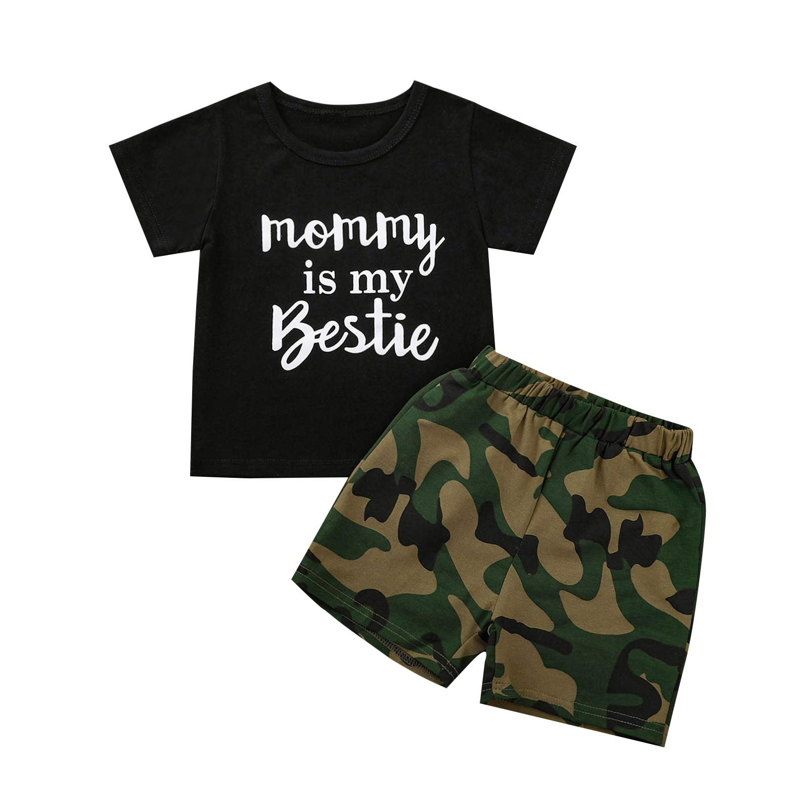 Toddler Baby Boy Summer Clothes Short Sleeve Letter Print T-Shirt Top Camouflage Shorts 2Pcs Casual Outfit (2-3T,Black,)