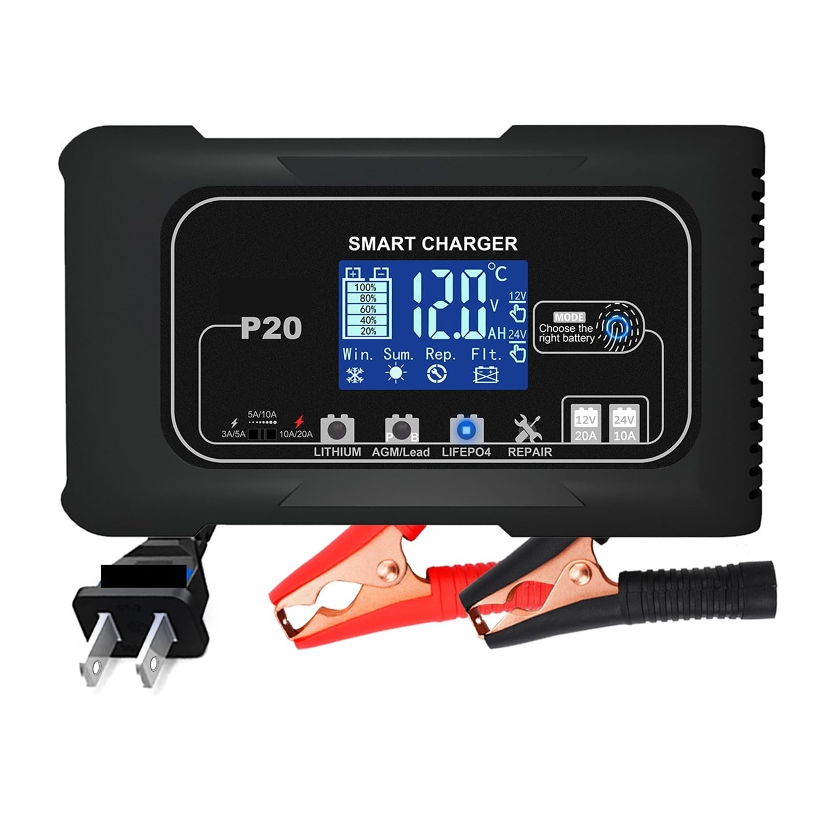 Cargador de Bateria, Cargador de batería inteligente de 15A/20A con carga de reparación por pulsos automáticos