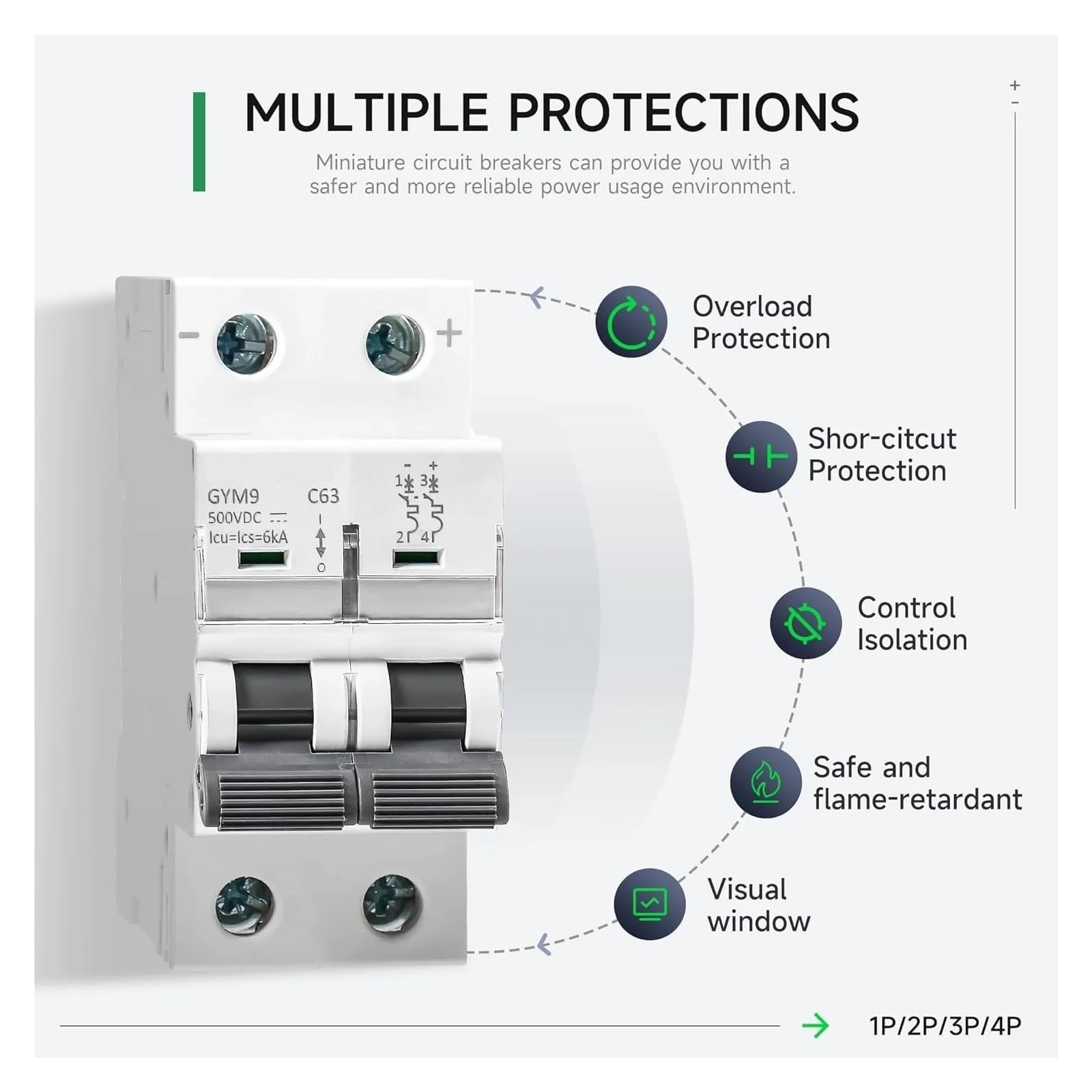 Interruttore automatico DC 6KA 2P 500V Sezionatore isolatore for protezione da sovraccarico del sistema fotovoltaico 6A-63A(63A)