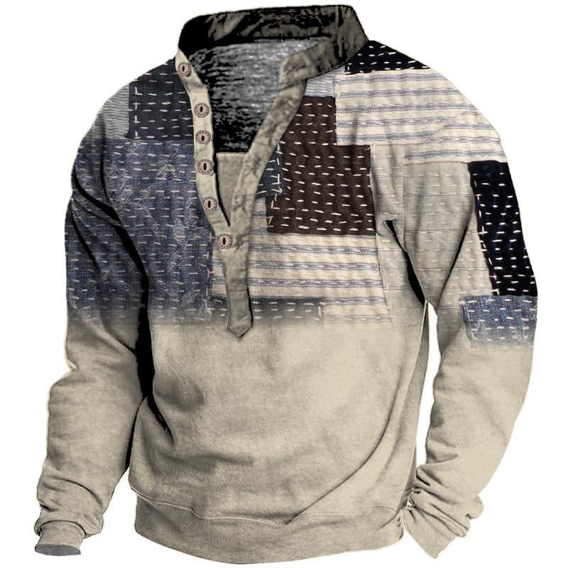 Men's Vintage Western Sweatshirts Half Button-Up Substantial Knit Print Sweatshirts Pullover Patchwork Sweater Men