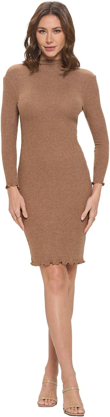 Women's Long Sleeve Cocktail Bodycon Dress, Ribbed Knit High Neck, Formal, Party