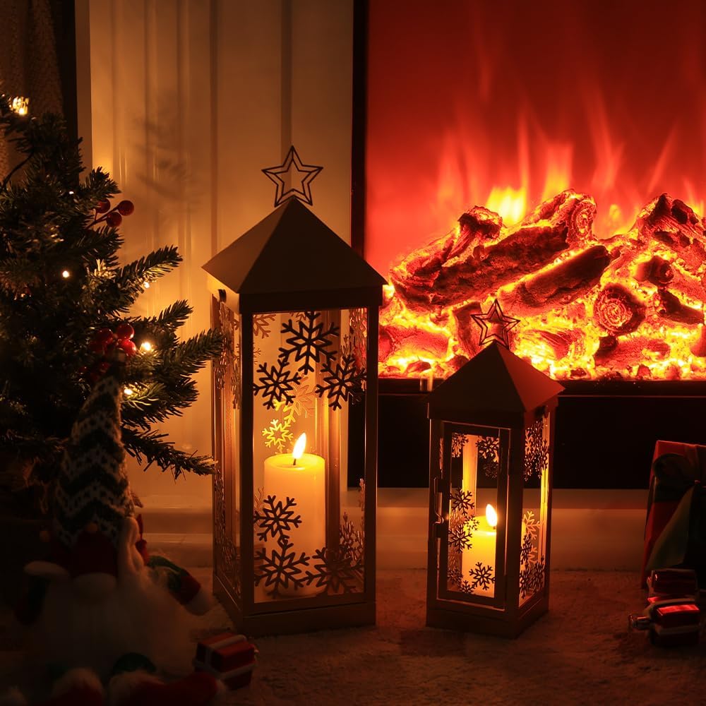 NEEDOMO Weihnachtsdekoration für Zuhause, dekorative Weihnachtslaterne, Innen- und Außenbereich, Metall-Kerzenhalter zum Aufhängen, mit Weihnachts-Schneeflocken, Sternen und LED-Kerze für