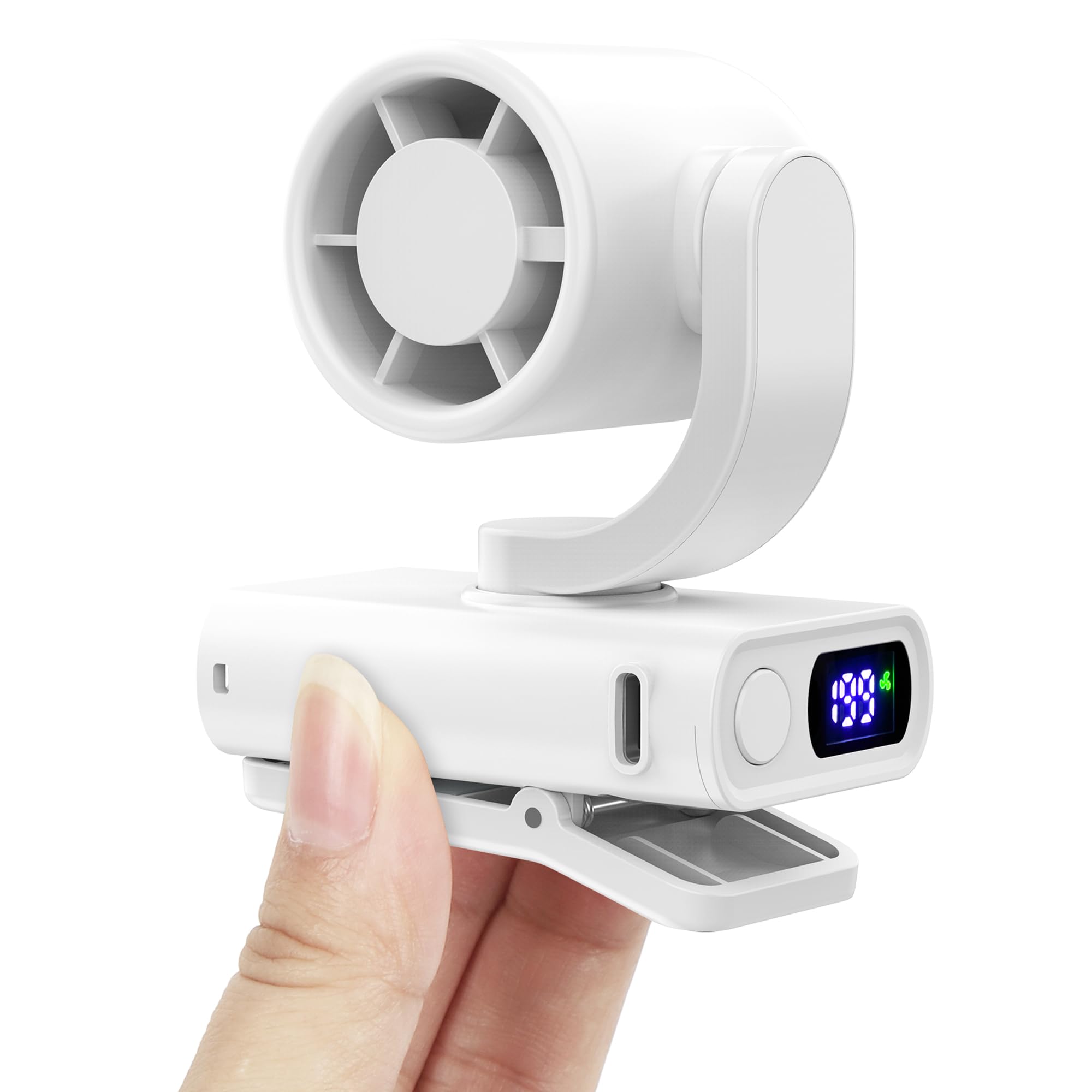 Mini ventilatore portatile a clip, piccolo ventilatore personale silenzioso alimentato a batteria USB-C ricaricabile regolabile a 199 velocità leggero per esterni, viaggi e ufficio, bianco