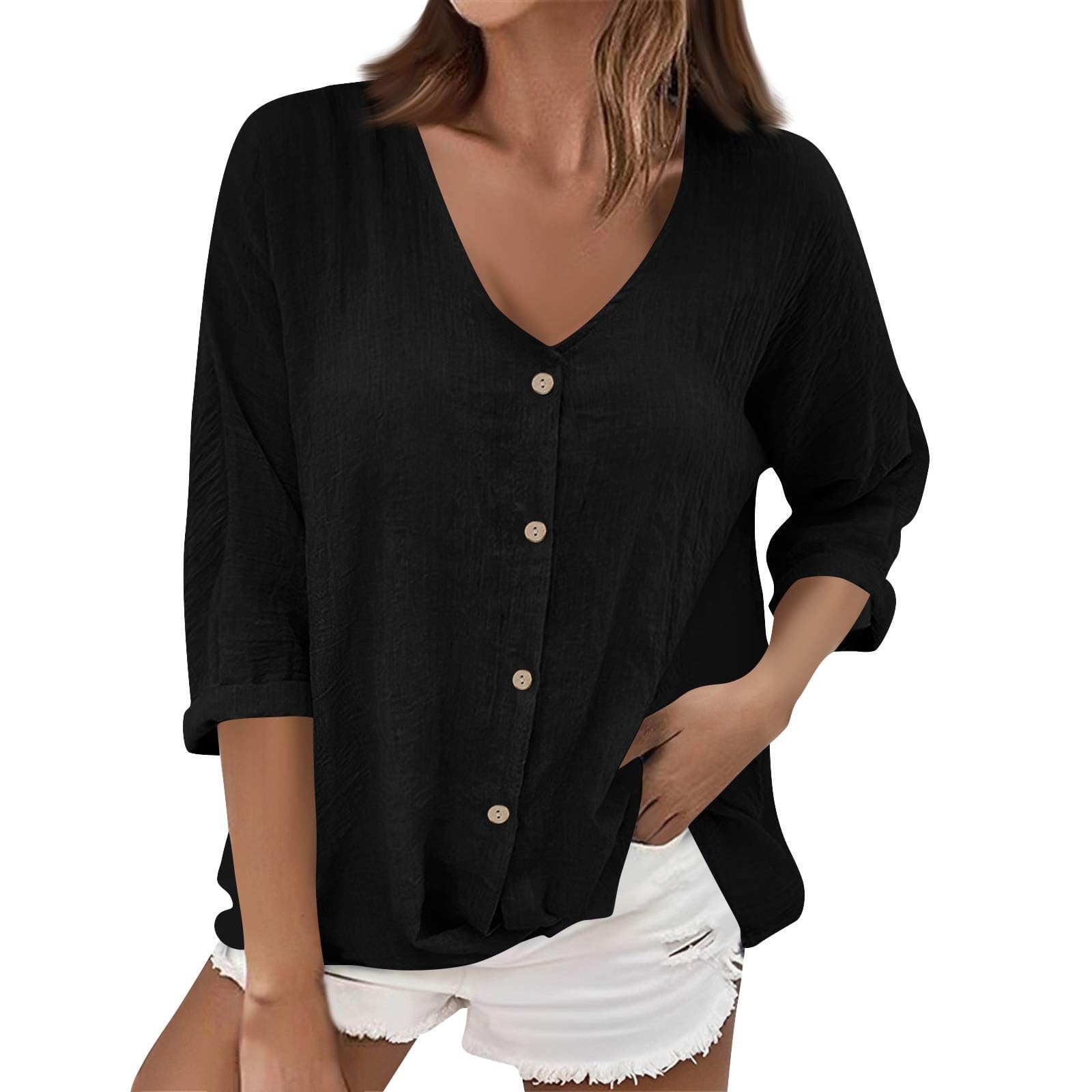 Button Down Shirts for Women Long Sleeve Gauze Shirt Casual Loose Fit V Neck Lightweight Tops Fall Work