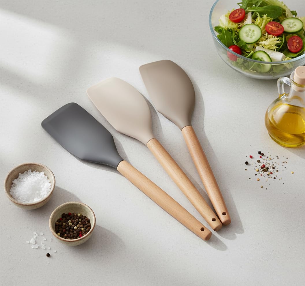 Deconox Bambu Saplı Silikon Dar Sıyırma Spatulası, Bambu Uzun Silikon Dar Spatula 27cm 3 Renk Seçenekli (KREM)