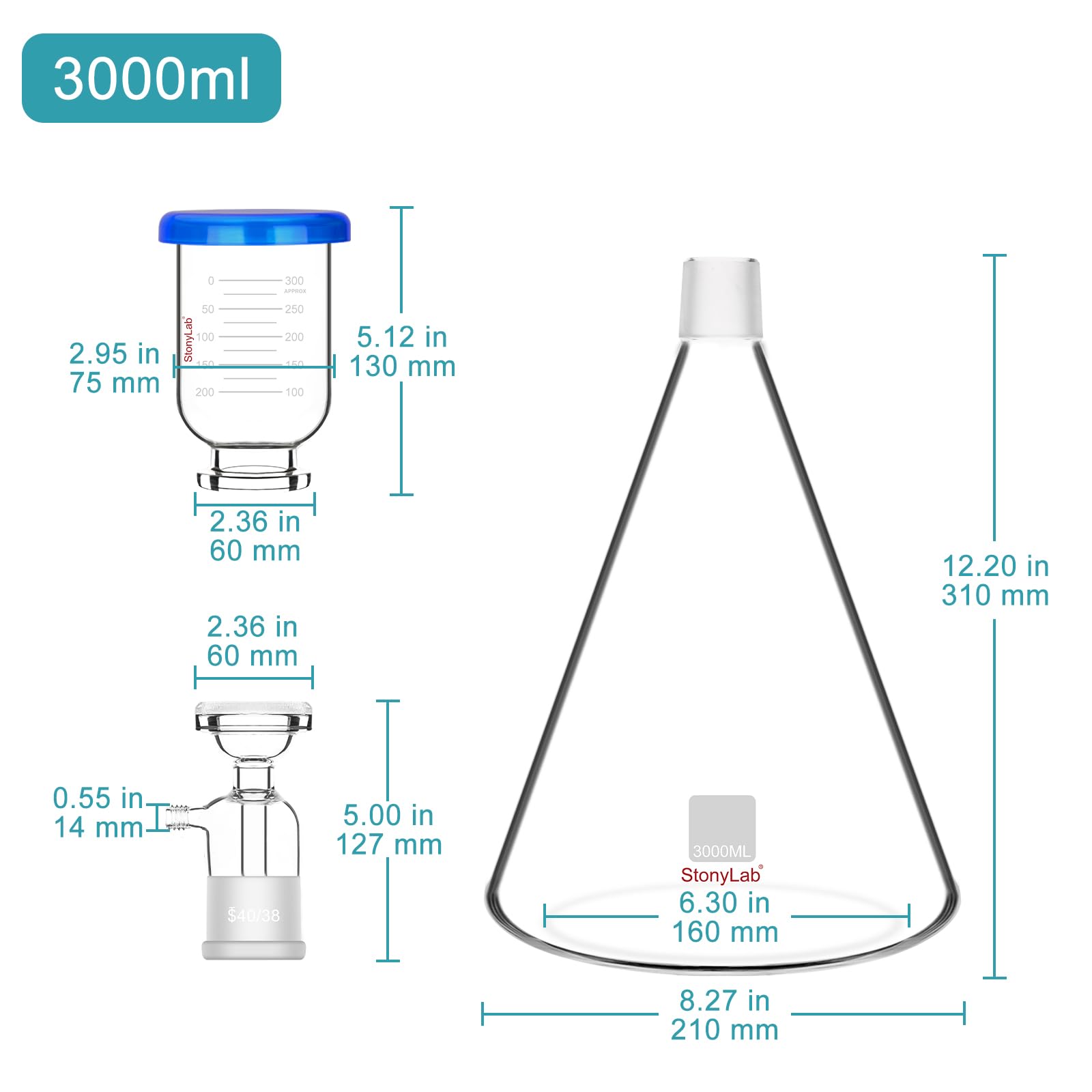 stonylab Filtre de Verrerie de Laboratoire, Filtre de Filtration en Verre de Laboratoire, Kit de Filtre en Verre avec Flacon Filtrant de 3000 ml et Entonnoir Gradué de 500 ml