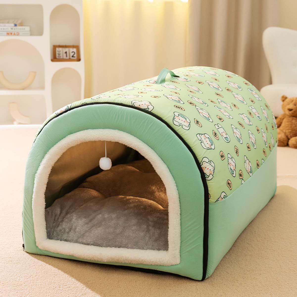 WHOROB Dog Bed 2 In 1 Dog House Large Pet Cave, Foldable Calming Dog Kennel with Anti Anxiety Soft Warm Cushion, Removable Washable Pet Igloo Bed for Dogs Cats, Non-Slip (M:50x40x35cm,Green)