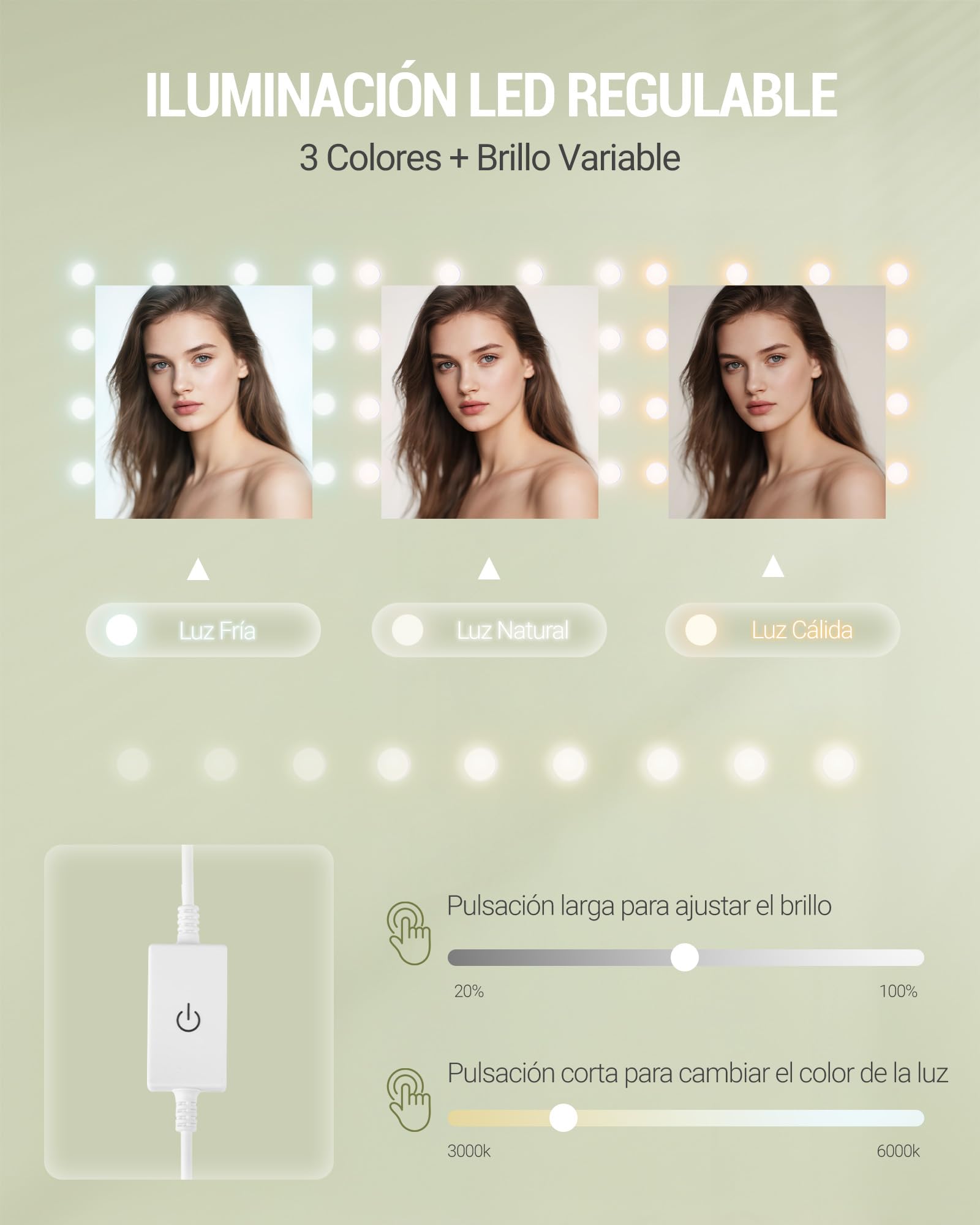 Hzuaneri 108 cm Tocador con Espejo HD Grande, tocador de Maquillaje con luz LED, 6 Compartimentos Abiertos, 5 cajones y Espacio de Almacenamiento Lateral, Blanco DT42603XEU