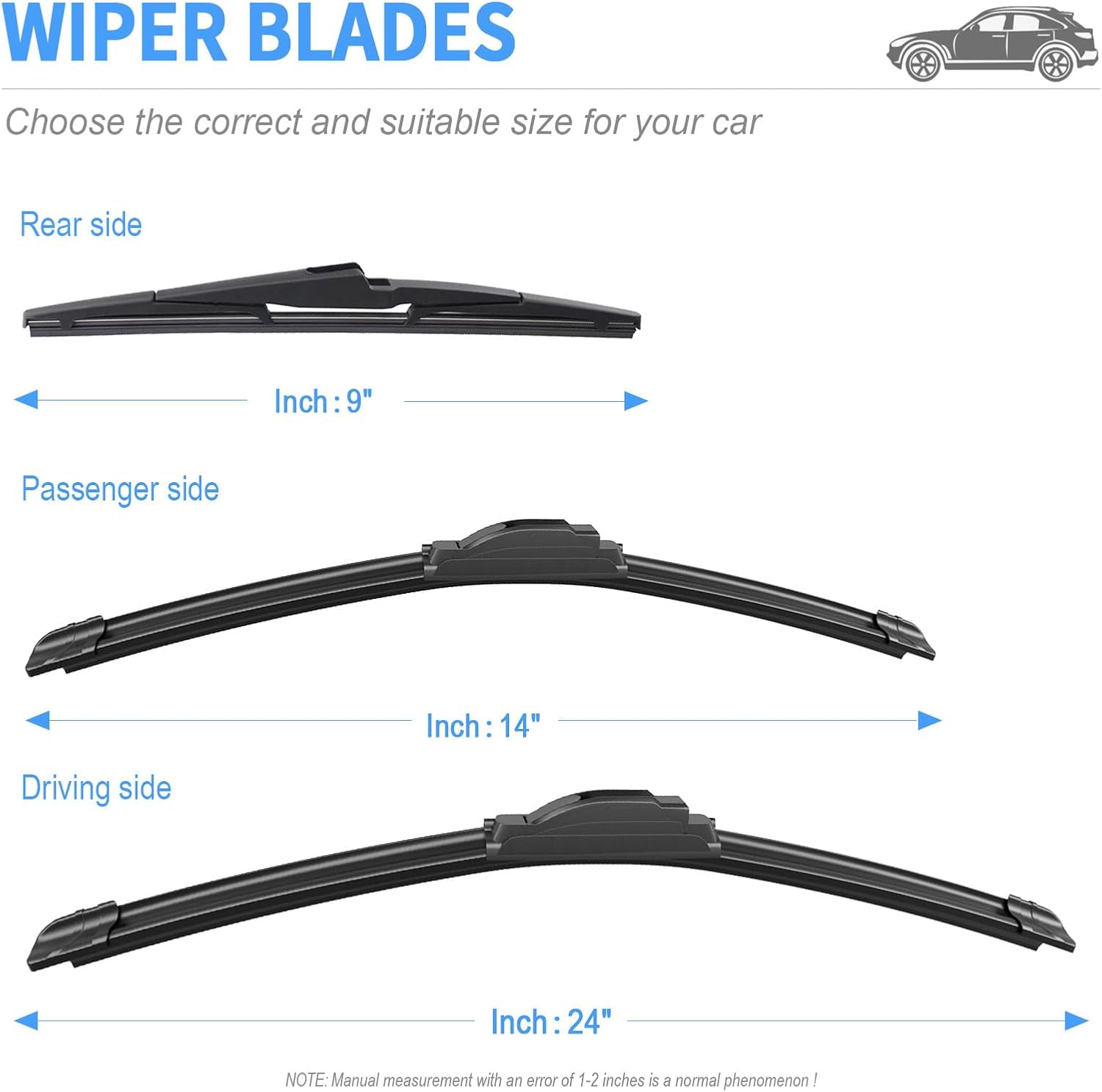 Gavimnal® 24"+14"+9" Silicone Wiper Blades Replacement For Chevrolet Spark 2016-2022,All-Season Front Rear Windshield Wiper Blades(Set of 3)