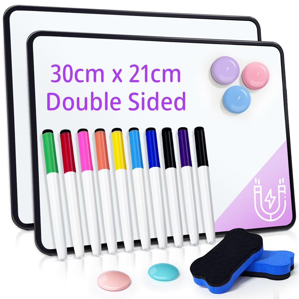 A4 Whiteboards, 2 Pcs Double Sided Small Whiteboard, Mini Dry Erase White Boards with 10 Coloured Pens, 5 Magnets and 2 Erasers, Portable Whiteboard for Home Classroom Office