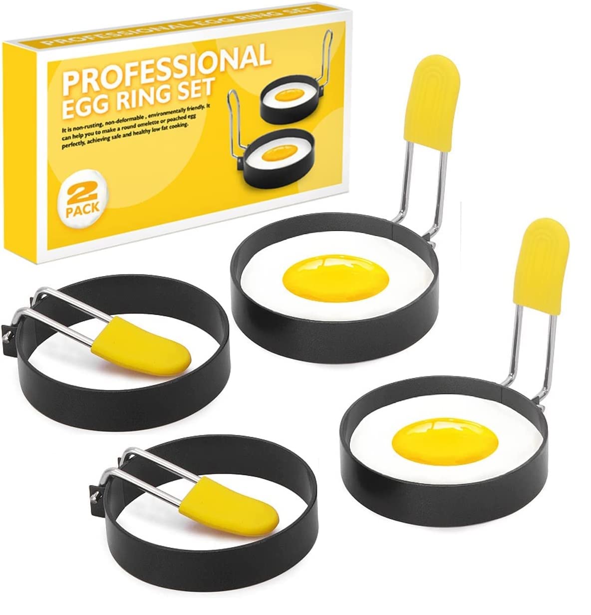 MYTHOS Egg Ring 3 Inch Nonstick Stainless Steel Cooking Mold with Silicone Handle for Perfect Eggs, Pancakes, and Omelets - Versatile Egg Cooker for English Muffins & Pancake Maker Egg Pan (Set of 4)