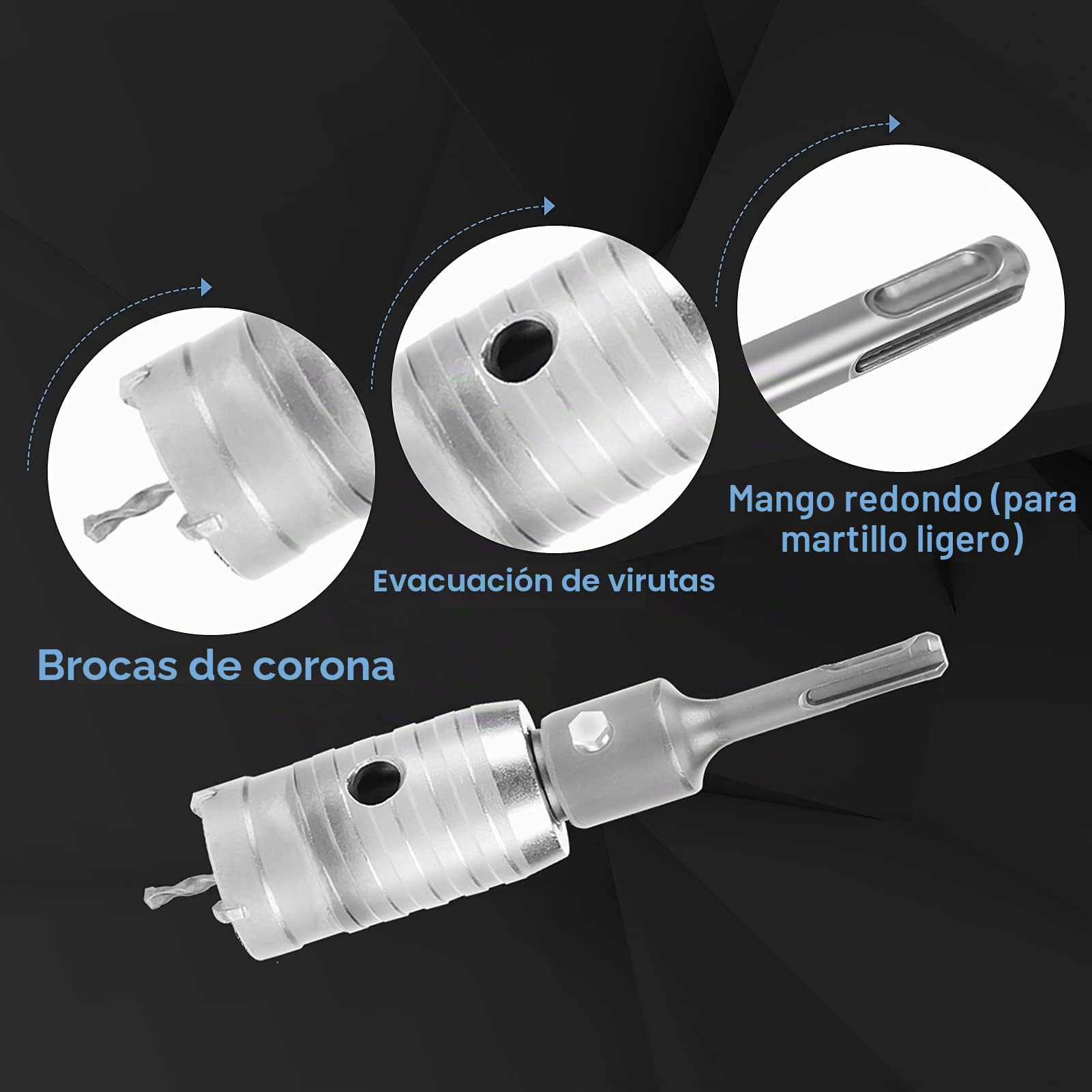 brocas multiuso Robust Line MultiConstruction 35 mm, 40 mm, 50 mm, 65 mm, 82 mm, 110 mm, con broca de guía, vástago de 350 mm, vástago de extensión SDS Plus de 300 mm