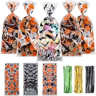 LOKIPA Halloween Cellophane Treat Sweet Bags,120 Pieces Candy Cookie Bags with Twist Ties for Halloween Party Supply3 Style
