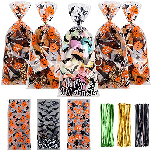 LOKIPA Halloween Cellophane Treat Candy Bags 150 Pieces - Gift Goody Snack Sweet Bags with Twist Ties for Party Supply (3 Styles)
