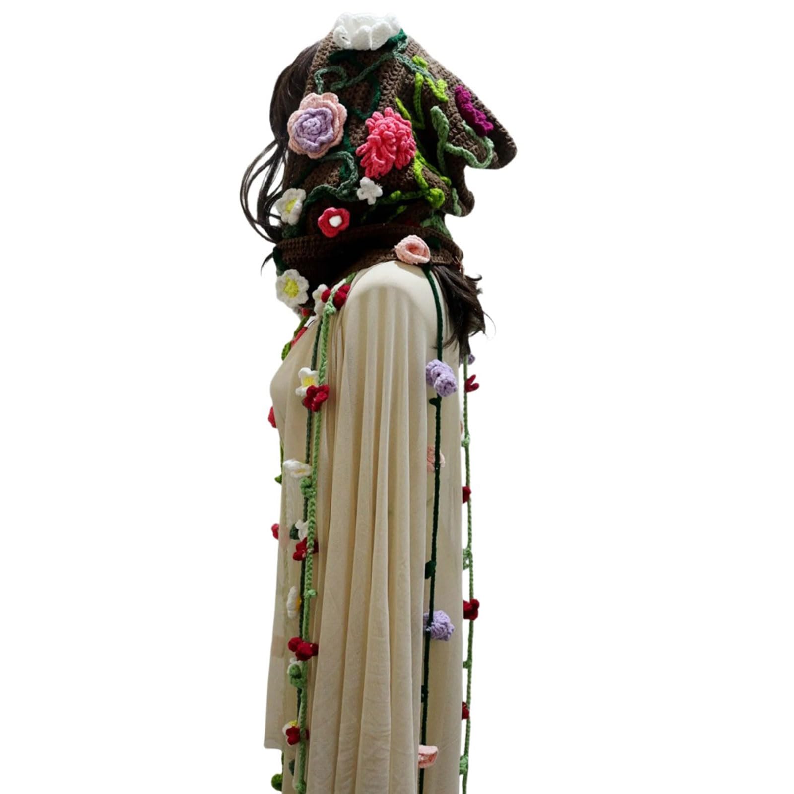 Handgefertigte, gehäkelte Cape-Mütze mit Blumenmuster, Wintermütze mit Kapuze und Quasten für Damen, ideal für Outdoor-Aktivitäten