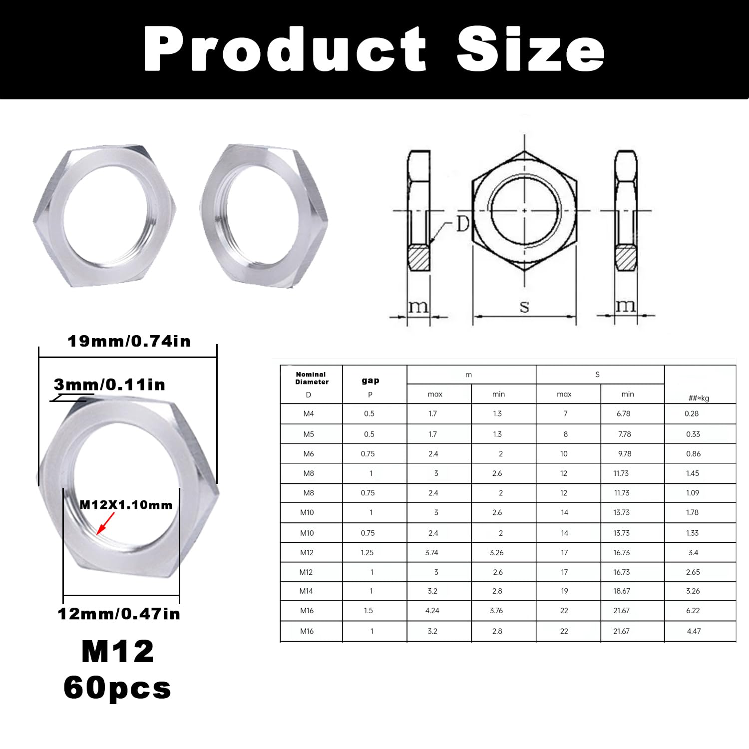 Set di 60 Dadi Esagonali M12x1 Dado Esagonal Acciaio Zincato con Filettatura Fine per Viti bulloni Filettati e Barre Filettate (M12 x 1mm)
