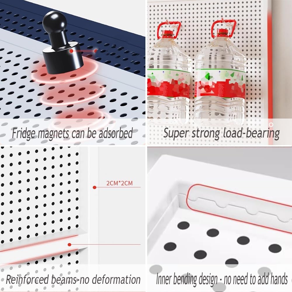 Kit organizador de tablero perforado para garaje y cocina, paneles de almacenamiento de metal con ganchos, sistema de tablero de clavijas de montaje en pared (blanco, 100 x 50 x 2,5 cm)
