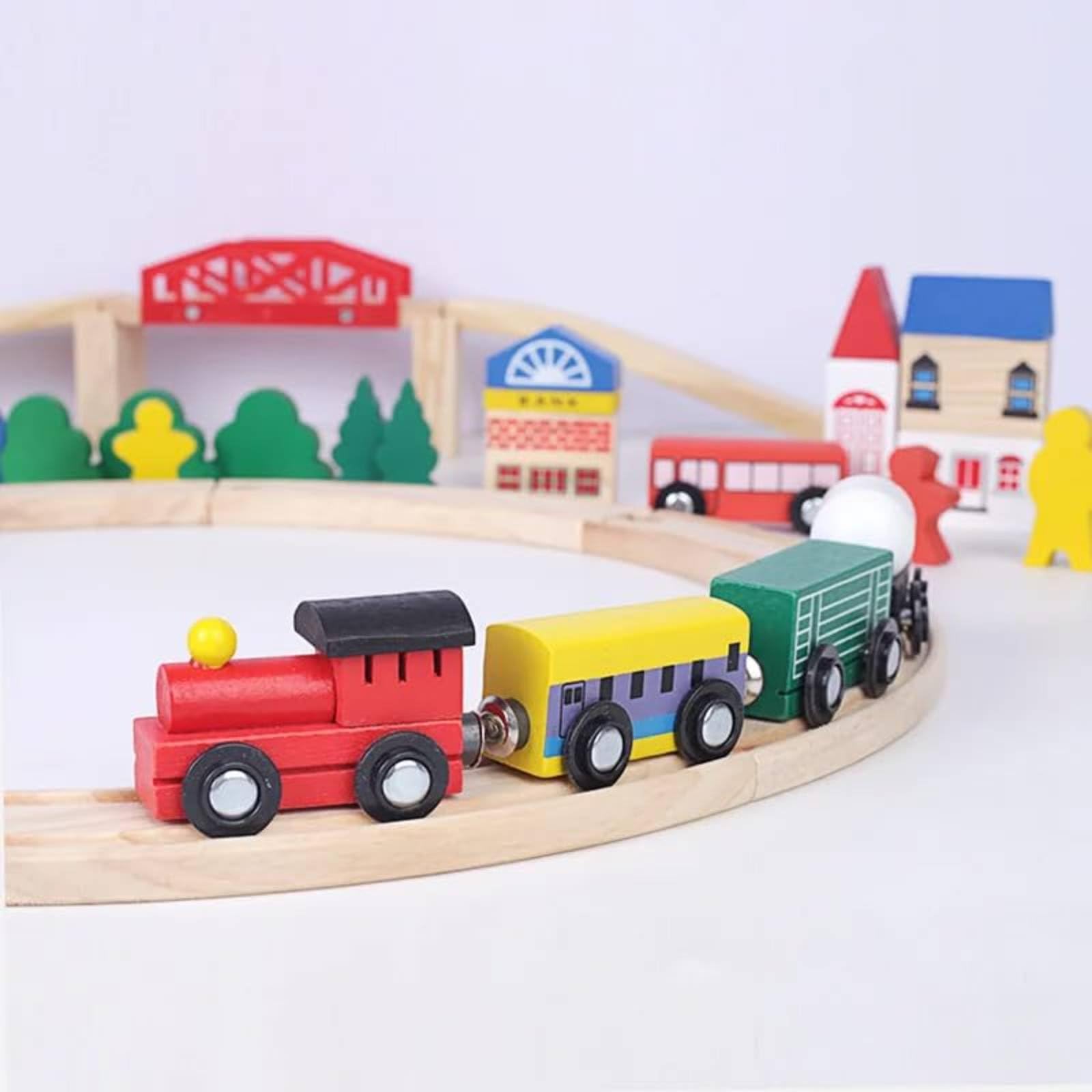 Educational Blocks Binari Ferroviari di Legno con Veicoli Edifici Metropolitani Figure Scenari di Costruzione Realizzato in Legno Favorisce La