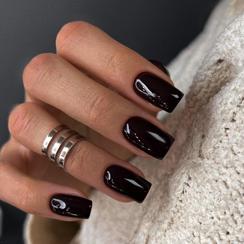 KQueenest Acrylic Press on Nails Short Medium Square, Black False Nails Short Coffin - Image 2