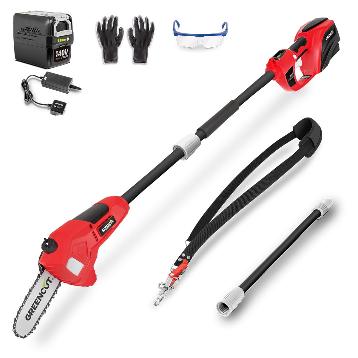 GREENCUT PP400L - Podadora de altura telescópica de batería de 40V, espada de 170mm, altura máxima de 2,​65m INCLUYE barra extensible, gafas, correa y guantes.