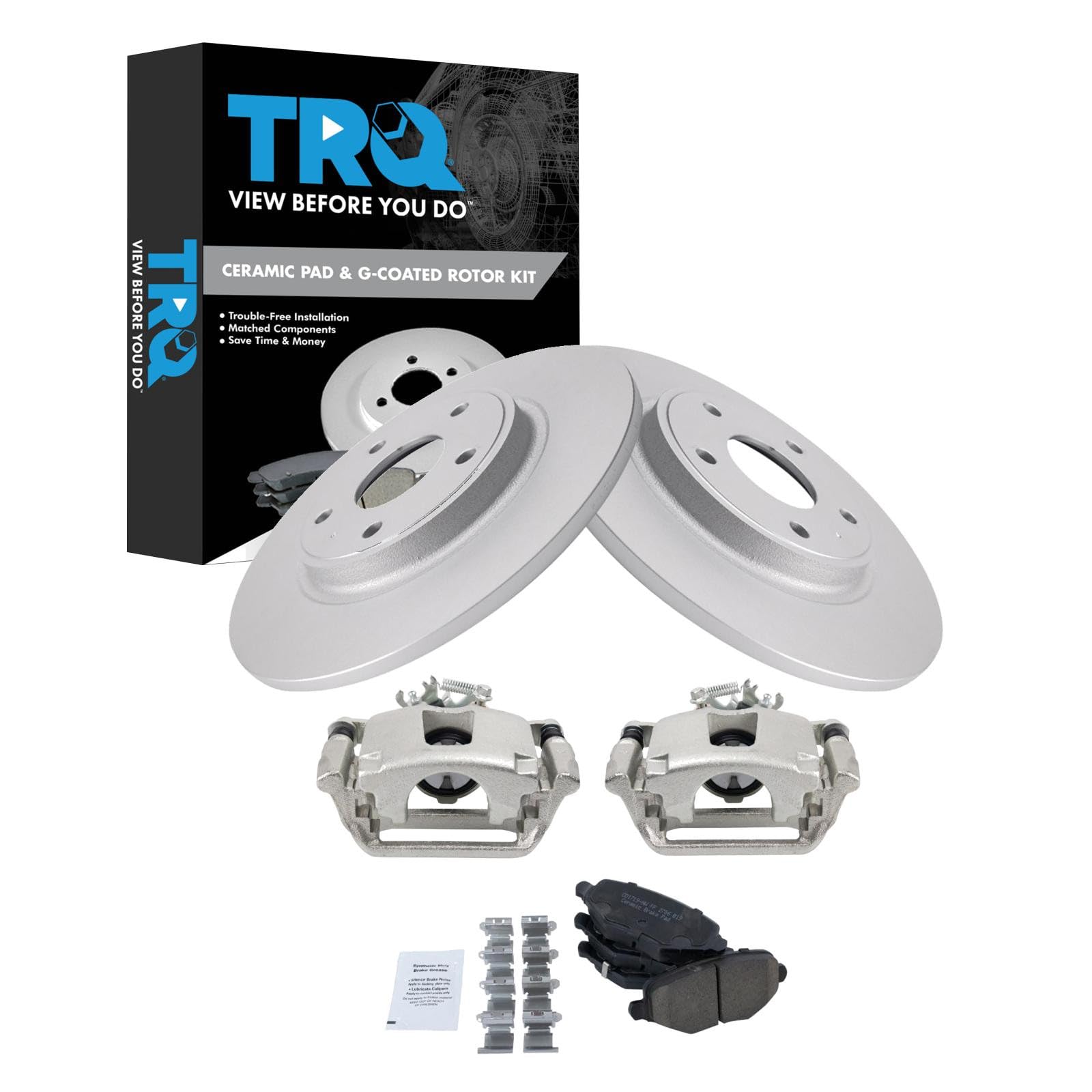 TRQ Rear Brake Pad and Rotor Set Ceramic Coated Rotors Calipers Compatible with 2017-2018 Dodge Grand Caravan