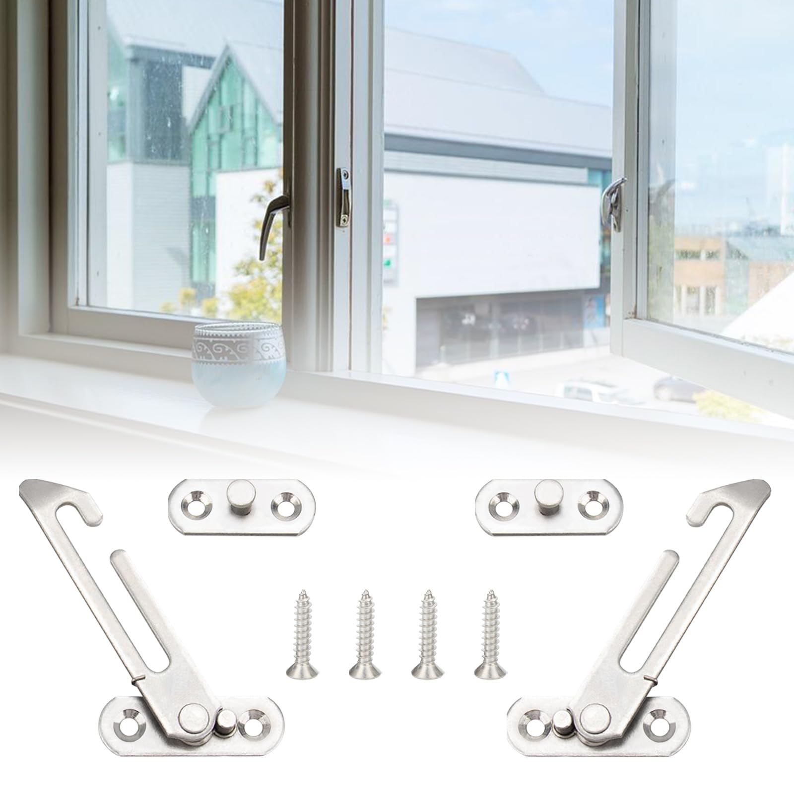Paquete de 4 limitadores de ventana, retenedores de ventana de acero inoxidable a la izquierda y a la derecha, cerraduras de tope de ventana con tornillos para puertas francesas/ventanas