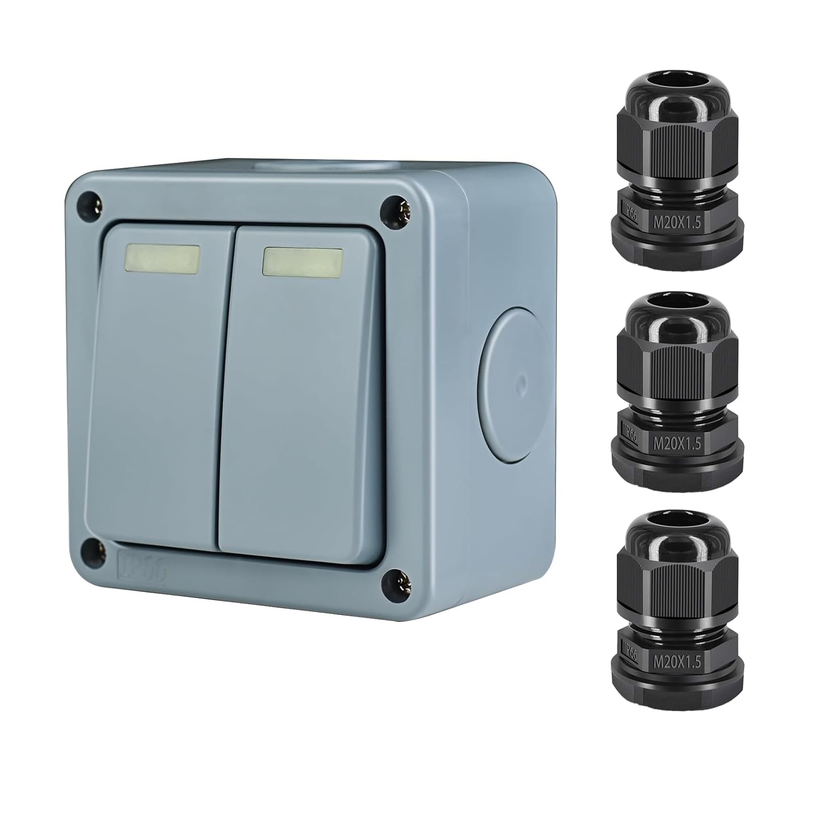 ABS Outdoor Waterproof Switch,10A 125VAC Dual Light Switch Waterproof,Enclosure with 3PK M20x1.5 Black Compression Cable Connectors, 20mm Diameter,IP66 for Garden Outdoor Lighting Cable