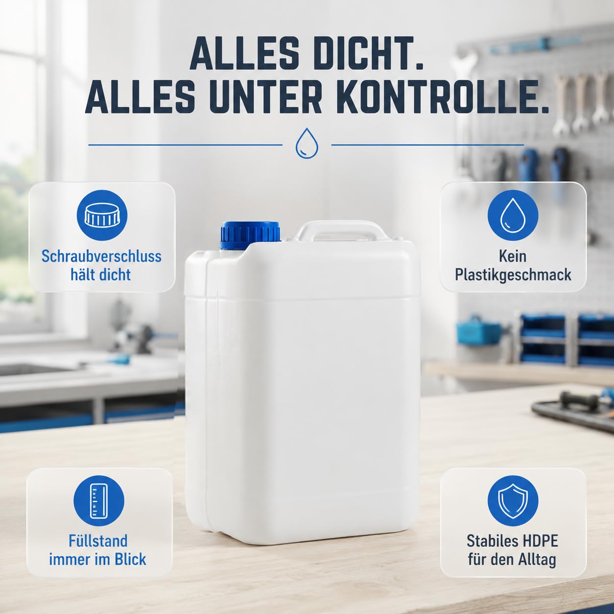POSH Bidón de 5 x 20 l con tapón de rosca, recipiente transparente de polietileno de alta densidad para líquidos agua y aceite, hermético y apilable, bidón grande de plástico para el hogar, jardín y