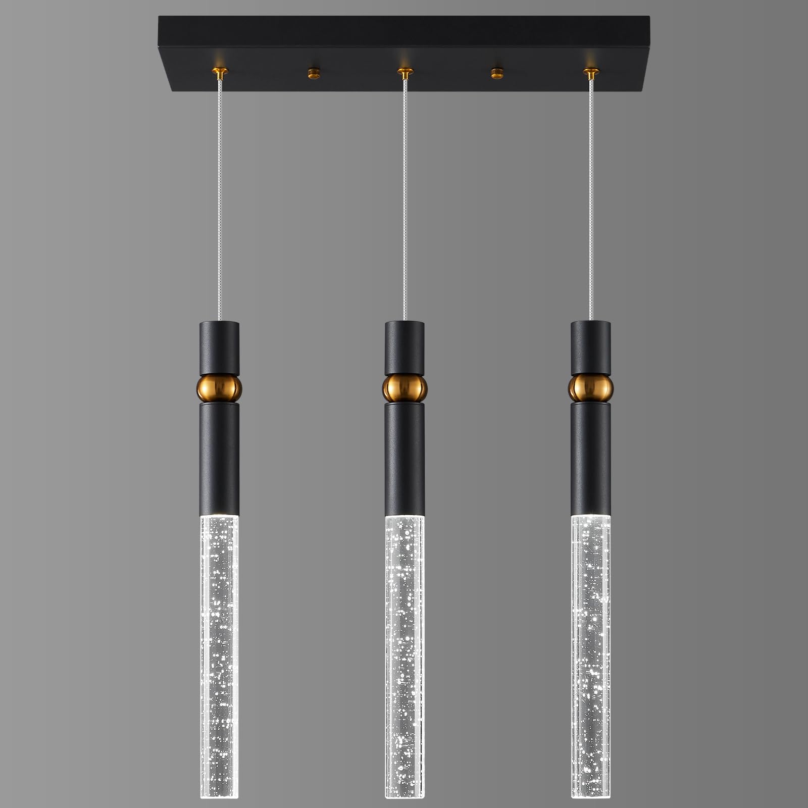 LMQNINE3 Light Dining Room Light Fixtures Ceiling Dimmable LED Modern Black Kitchen Island Pendant Light with Bubble Crystal Pendant Light for Kitchen Island Bedroom Hallway Entryway (3-Light)